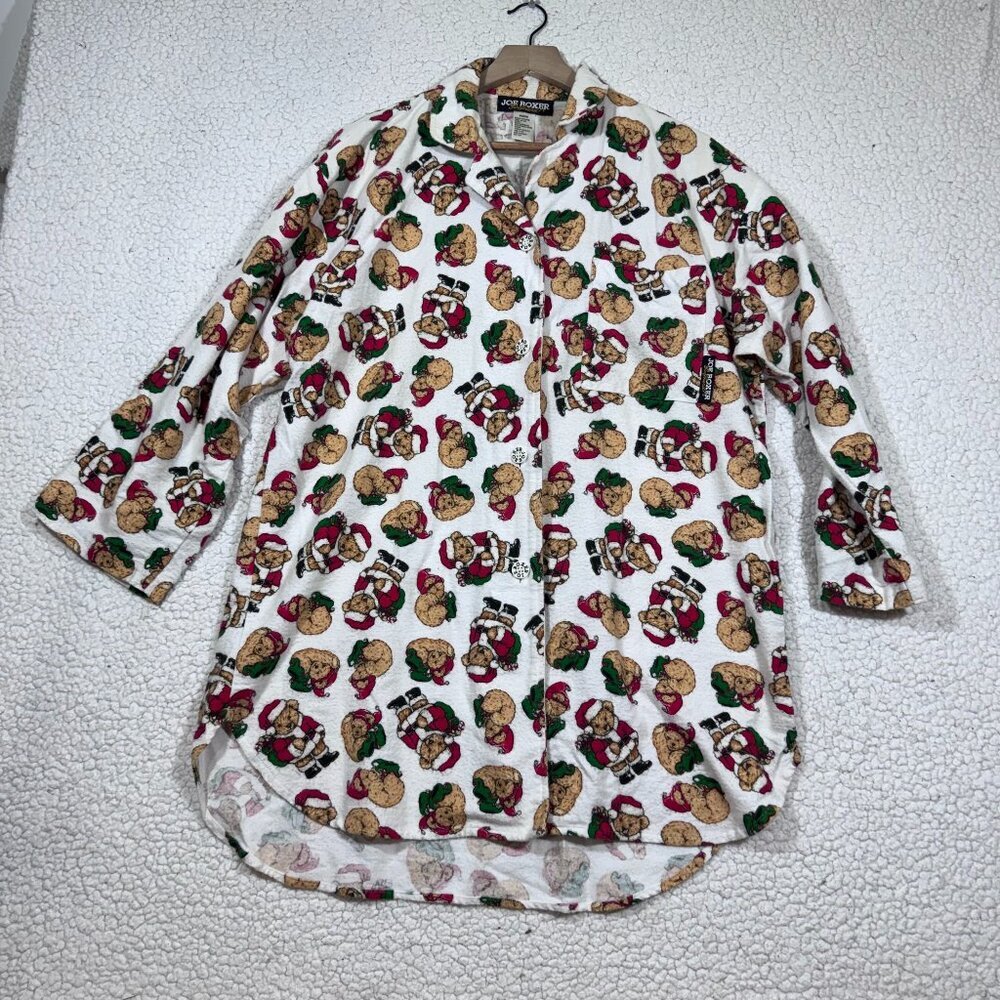 Joe Boxer Womens Flannel Christmas Bear Nightshirt Gown Size M Button Down 90's